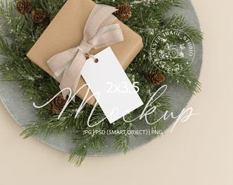 Christmas Gift Tag Mockup: 2x3.5 Rectangle, Kraft Present, Pine Garland (PSD JPG PNG) - #132MU
