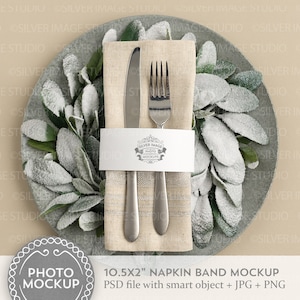 Feiertags-Serviettenband-Mockup Snowy Greenery, Weihnachtsessen-Mockup, Tischkarten-Namens-Mockup, Winter-Mockup, bearbeitbares Mockup, #143MU-NB