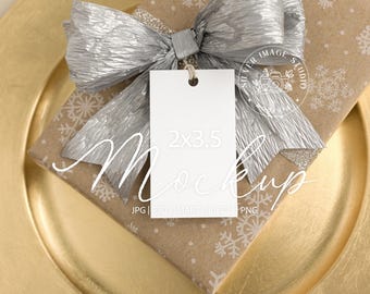 Christmas Gift Tag Mockup: 2x3.5" Rectangle, Snowflake Wrap, Silver Ribbon (Digital Download) - #145MU