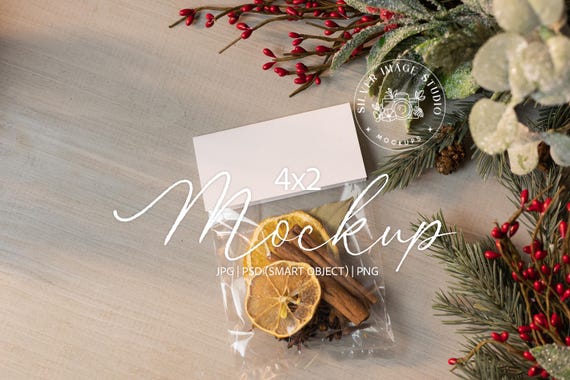 Christmas Potpourri Gift Tag Mockup: 4x2 Folded Tag (PSD, PNG) - #150MU
