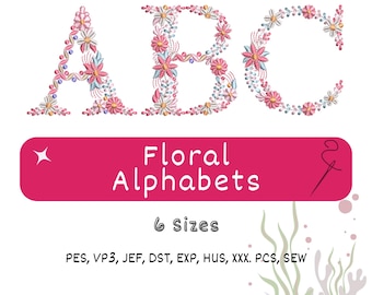 May include: Embroidered floral alphabet letters A, B, and C, with pink, white, and yellow flower designs. The image features the text "Floral Alphabets" and "6 sizes".