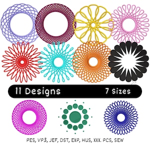 May include: A collection of eleven colorful, circular designs in various colors, including purple, red, and orange. The designs are displayed on a white background. Text on the image reads "11 Designs" and "7 Sizes".