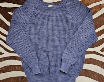 Suéter vintage LL Bean 100% algodón, de punto, fabricado en EE. UU., cuello redondo, color azul, talla L.