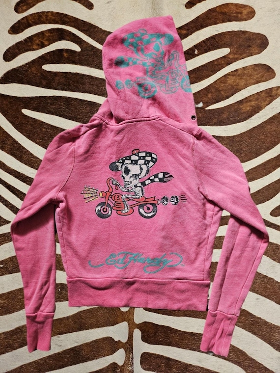 Vintage Y2K Ed Hardy Pink Zip Hoodie Rhinestone Skeleton