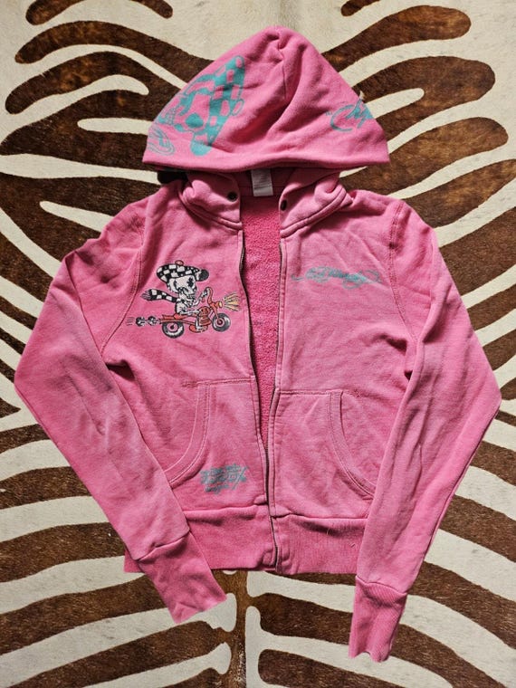 Vintage Y2K Ed Hardy Pink Zip Hoodie Rhinestone Skeleton