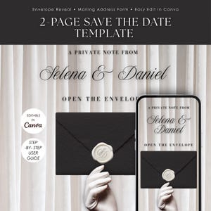 Könnte beinhalten: Eine schwarze Save-the-Date-Vorlage mit einem weißen Wachssiegel, mit den Namen "Selena & Daniel". Das Design beinhaltet ein digitales Mockup auf einem Telefonbildschirm und den Text "2-PAGE SAVE THE DATE TEMPLATE".