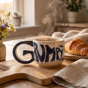 Grumpy Tasse aus Keramik mit G-Henkel – handgemachte Kaffeetasse blau-weiß, Geschenk für Morgenmuffel