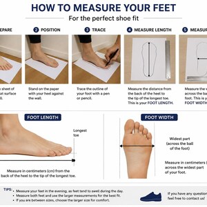 May include: An instructional infographic titled HOW TO MEASURE YOUR FEET for the perfect shoe fit. It displays five numbered steps showing a foot on paper, tracing, and using a ruler to measure length and width in inches or centimeters.