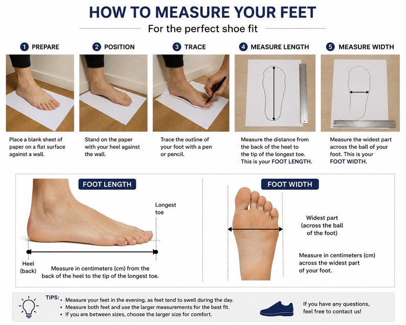 May include: An instructional infographic titled HOW TO MEASURE YOUR FEET for the perfect shoe fit. It displays five numbered steps showing a foot on paper, tracing, and using a ruler to measure length and width in inches or centimeters.