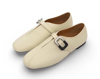 Beige Leather Mary Jane Shoes: Handmade T-Strap Casual Flat Shoes