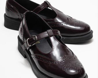 Jane: Women’s Burgundy Leather Mary Jane Shoes,  Perforated Dress Flats, Handcrafted and Customizable