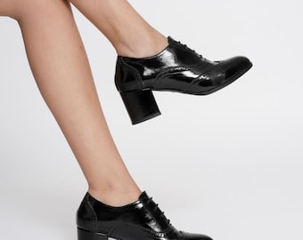 Women’s Genuine Leather Lace-Up Oxford Heels – Handmade Elegant Dress Shoes, 8 cm High Heel, Comfortable Office & Daily Wear, EU 35–41