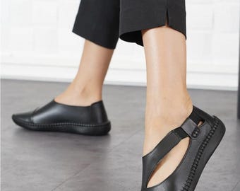 Bailarinas de cuero negro hechas a mano: zapatos cómodos y ligeros para caminar.