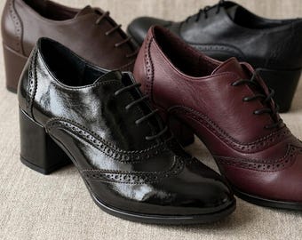 Leren Oxford-dameshakken - blokhak Beogue-schoenen met veters, handgemaakt en aanpasbaar