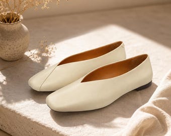 Beige platte schoenen | Anatomical Barefoot-instapschoenen voor dames voor elke dag | Minimalistische leren ballerina's | Vierkante neus