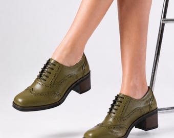 Olive Green Leather Oxford Heels | Square Toe Brogue Block Heel Lace Up Shoes