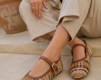 Ballerine Mary Jane in pelle intrecciata, scarpe da ballo da donna con cinturino e fibbia, ballerine estive fatte a mano in stile rafia