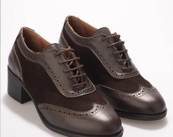 Handcrafted Leather Suede Heeled Oxford Shoes, Vintage Brogue Lace Up Pumps