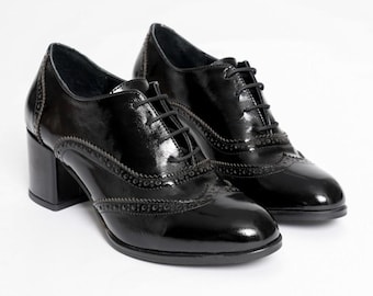 Black Patent Leather Oxfords for Women, Shiny Leather Block Heels, Vintage Lace Up Oxford Heels, Brogue Heeled Shoes, Handmade Gift for Her