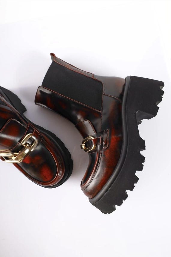 Women's Burgundy Patina Leather Platform Chelsea Boots | Chunky Lug Sole Gothic Style
