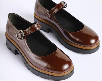 Burgundy Patent Leather Mary Janes | Genuine Leather Women's Flats | Vintage Style Dark Red Shoes