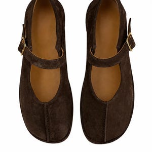 May include: A pair of dark brown suede Mary Jane shoes featuring a rounded toe, a central vertical seam along the vamp, and a single adjustable strap across the instep secured with a small gold-toned metal buckle. The interior is lined in tan.