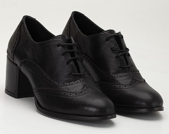 Women’s Leather Oxford Heels - Lace-Up Block Heel Beogue Dress Shoes, Handmade and Customizable