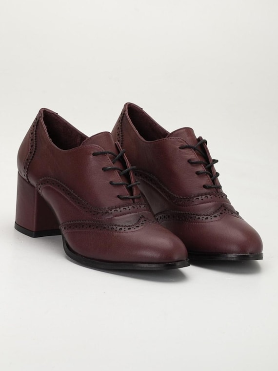 Women’s Burgundy Leather Oxford Heels - Lace-Up Block Heel Beogue Dress Shoes, Handmade and Customizable