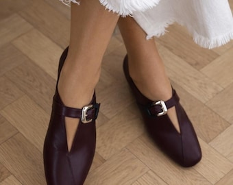 Women Burgundy Leather Mary Jane Shoes: Handmade T-Strap Casual Flat Shoes