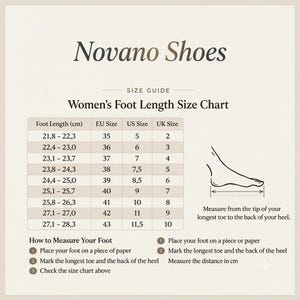 May include: Novano Shoes size guide chart for foot length in centimeters, featuring columns for EU, US, and UK sizes. Includes a diagram showing how to measure from the tip of the longest toe to the back of the heel, plus three numbered steps.