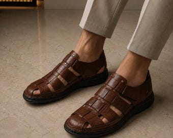 Sandales de pêcheur en cuir véritable pour hommes, chaussures de confort d'été faites main