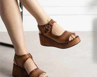 Platform Leather Buckle Sandals for Women, Handmade Leather Platform Sandals, Adjustable Strap, Comfortable Stylish Summer Shoes