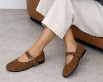 Mary Jane Ballerinas aus Wildleder für Damen - Hellbraun- und Nerzfarbe, weiche, leichte Orthopädische Sohle, bequeme Ballerina-Schuhe für den Alltag