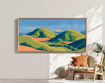 抽象的な山の風景画：日本の波の芸術、緑とオレンジ - Etsy 日本