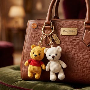 May include: A brown leather handbag with a gold metal plaque reading Luxe Ateliers, featuring two crocheted bear keychains attached to the handle. One bear is yellow with a red shirt, and the other is cream-colored. An Etsy logo pin is on the bag.