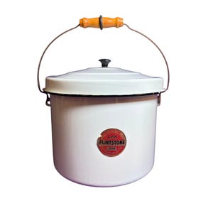 May include: White enamelware bucket with a lid and a wire handle with a wooden grip. The bucket has a red and gold "Lisk Flintstone" label. The rim and lid are trimmed in black.
