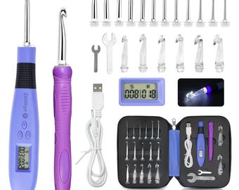 May include: A crochet hook set with various sizes and styles, including two ergonomic hooks with digital displays. The set includes multiple crochet hooks, a USB charging cable, a small wrench, and a carrying case.