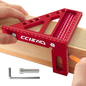 May include: A red aluminum speed square with measurement markings and the brand name "CCIEAO". The square is being used to mark a piece of wood with a pencil. Includes an Allen wrench and a metal pin.