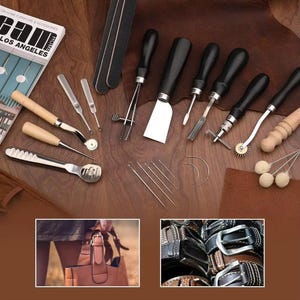 May include: A collection of leatherworking tools, including knives, needles, and a burnisher, arranged on a wooden surface. The tools have black handles and silver blades. The image also includes a leather bag and a collection of belts.