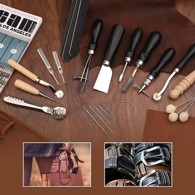 May include: A collection of leatherworking tools, including knives, needles, and a burnisher, arranged on a wooden surface. The tools have black handles and silver blades. The image also includes a leather bag and a collection of belts.
