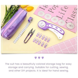 May include: A sewing kit featuring a purple pencil case, measuring tape, scissors, rotary cutter, and clips. The kit includes a rotary cutter, a measuring tape, and a pencil case. The kit is designed for cutting, sewing, and other DIY projects.