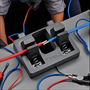以下が含まれることがあります： 赤と青のワイヤーが付いた黒色の電線圧着工具。この工具は、ワイヤーを保持するためのスロットを備えた長方形のベースを備えています。「NO-7 Best Store No. 1102751728」というテキストがベースに印刷されています。