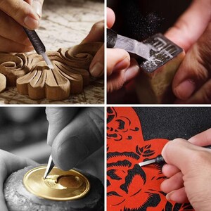 May include: A collage of close-up shots showcasing the art of carving and cutting. One image shows a wood carving with a chisel, another depicts a metal stamp being carved, and two others show detailed paper cutting and metal engraving.