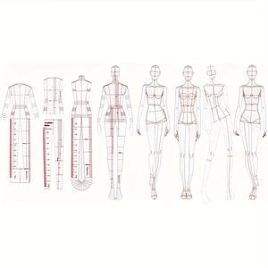 Puede incluir: Colección de plantillas de diseño de moda y bocetos de figuras. Las plantillas incluyen maniquíes y reglas con marcas de medición en centímetros. Los bocetos de figuras representan varias poses y estilos de prendas, todo en contorno rojo.