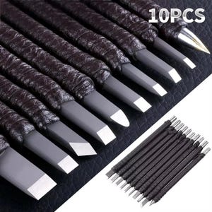 May include: A set of ten dark brown leather-wrapped chisels with gray blades and silver tips. The blades have a sharp, angled edge. The text "10PCS" is visible in the upper right corner. A second set of chisels is visible in the lower right corner.