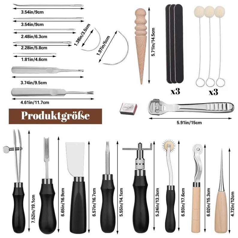May include: A collection of leathercraft tools, including needles, awls, edge bevelers, and a rotary cutter. The image shows various tools with black and silver handles, along with a wooden handle and a metal foot rasp. Measurements are in inches and centimeters.