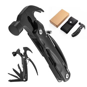 May include: A black multi-tool with a hammer, pliers, and other tools. The multi-tool is shown with a small box, a black carrying case, and a smaller version of the tool. The tools are made of metal.