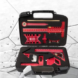 May include: A red precision tool kit with various measuring and marking tools, including rulers, squares, and gauges. The tools are neatly organized within a black carrying case with a handle. The case is open, revealing the tools against a black foam interior.
