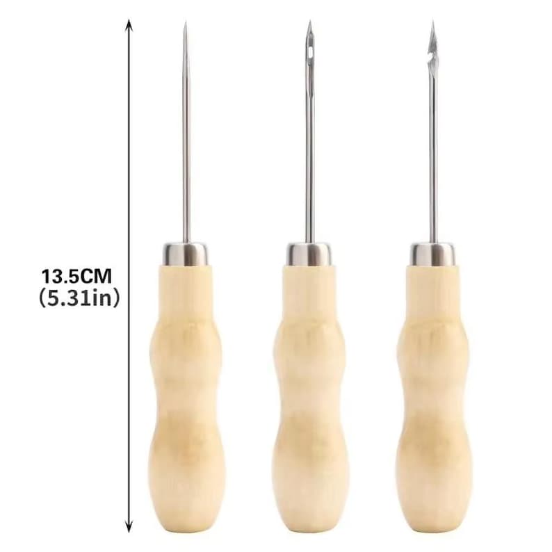 May include: Three awls with wooden handles and metal tips. The awls are approximately 5.31 inches (13.5 cm) long. The handles are light-colored wood, and the metal tips are silver.