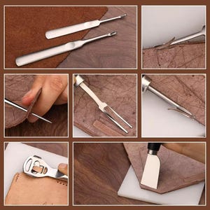May include: A collection of stainless steel leatherworking tools, including a stitching groover, edge beveler, and a two-prong stitching chisel. The tools are shown in use on brown leather, demonstrating their function in various stages of leathercraft.